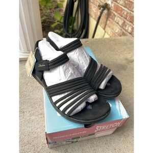 skechers reggae sandals for women Coffee Run Black Sz 7 Strappy NIB